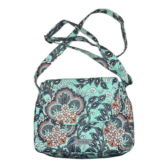 Vera Bradley Fan Flowers Medium Flap Crossbody Green Bag EUC - Picture 1 of 5